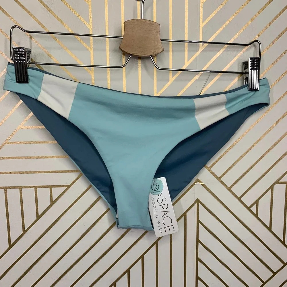 L*SPACE Johnny Classic Bikini Bottom in Teal Blue and White Size US Large